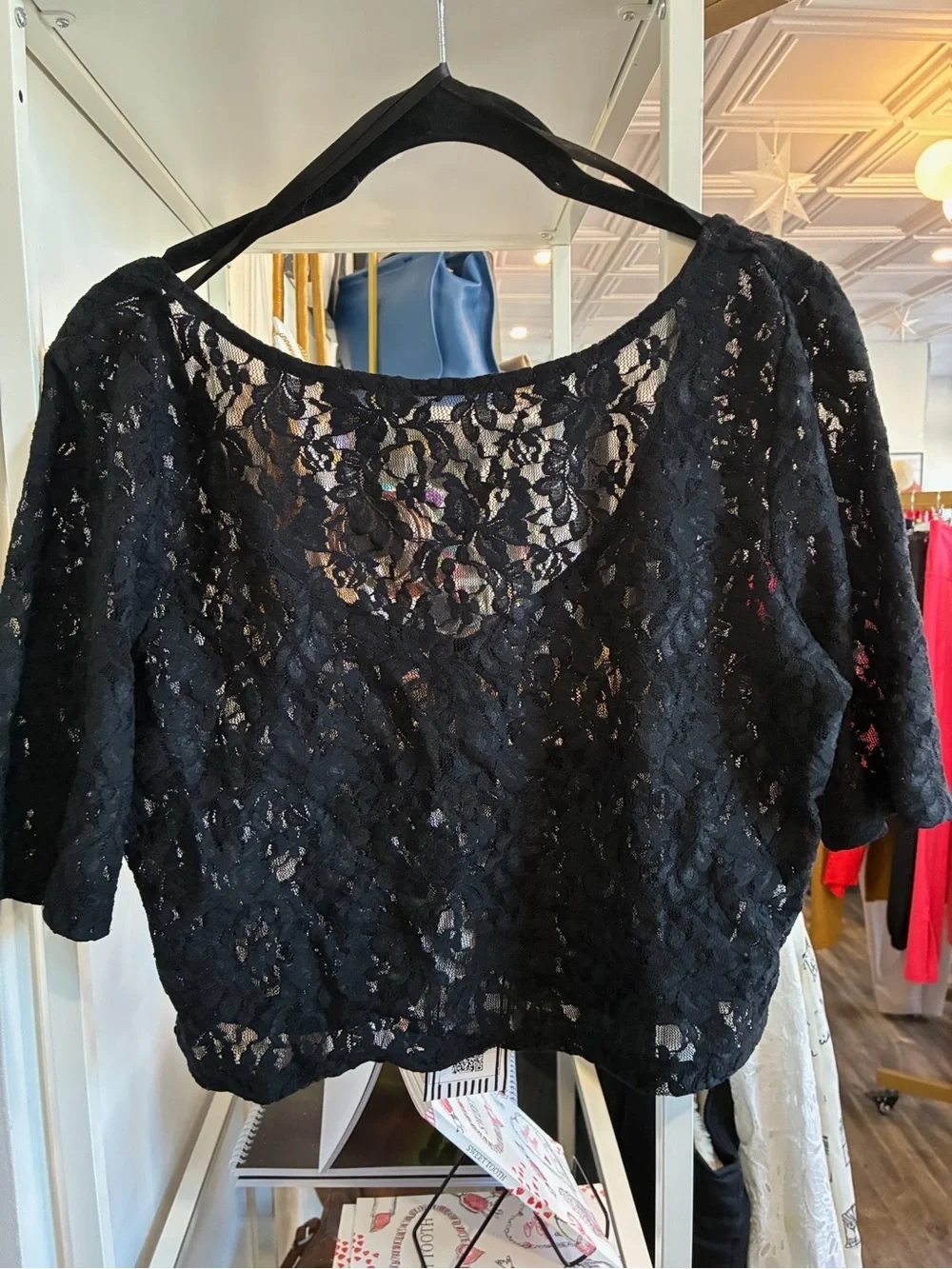 Anthropologie Black Lace Short-Sleeve lace sheer top size M NWT